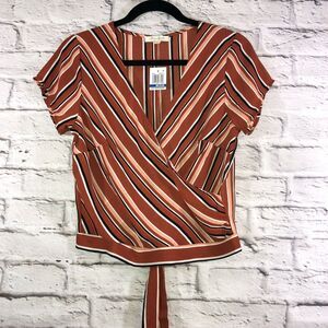 Ultra Flirt Womens Rear Tie Striped Wrap Short Sleeve Top Juniors Size Medium